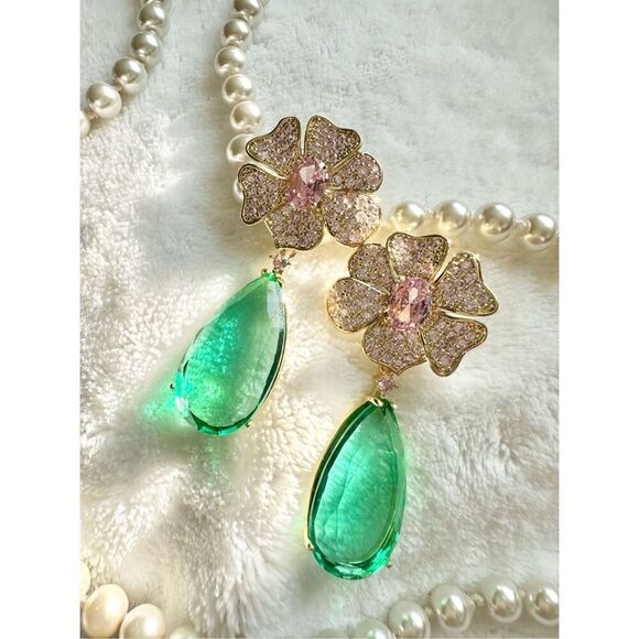Mint green and light pink teardrop flower cubic zirconia dangle earrings ￼ - Picture 10 of 11